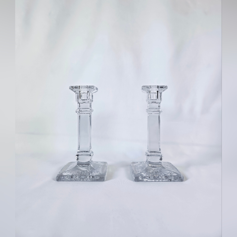 Mid Century Art Deco Glass Candlesticks Candle Holder Vintage Starburst Square
